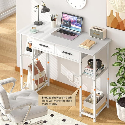 DAOUTIME White Computer Desk with Drawers, 37.3 Inch Home Office Work Desk with Storage Shelf, Kids Teens Study Table for Small Space, Small Writing PC Table for Bedroom Makeup Vanity Desk