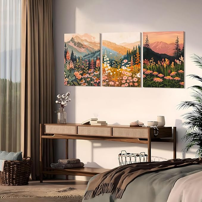 Boho Colorful Watercolor Mountain Canvas Wall Art Set of 3, Wildflower Posters Wall Decor, Abstract Nature Landscape Artwork Paintings Picture Print for Living Room Bedroom Office 12x16 Inch Framed