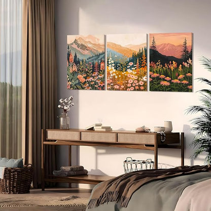 Boho Colorful Watercolor Mountain Canvas Wall Art Set of 3, Wildflower Posters Wall Decor, Abstract Nature Landscape Artwork Paintings Picture Print for Living Room Bedroom Office 12x16 Inch Framed