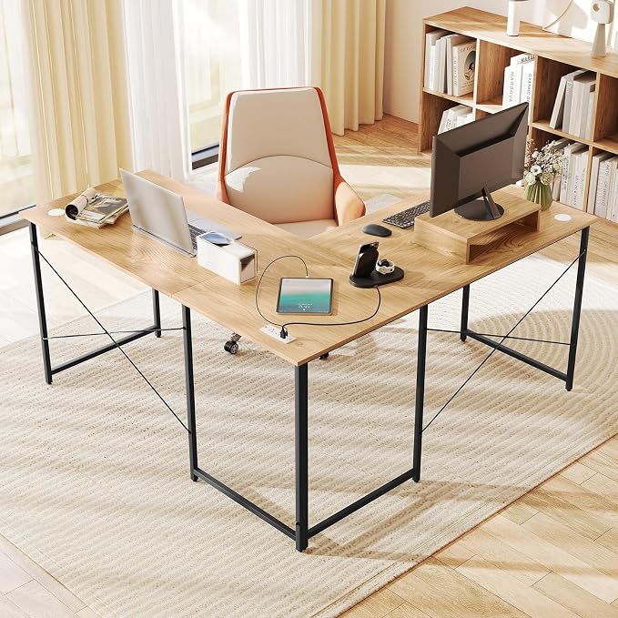 Tangkula L-Shaped Computer Desk with Power Outlets, 95” Long 2-Person Desk with Monitor Shelf, Modern Corner Desk Gaming Table with USB Ports for Home Office
