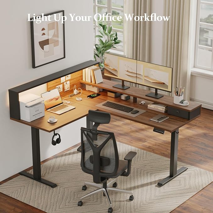 Klicelor L Shaped Electric Standing Desk 63 x 55 inch with Shelf, Height Adjustable Corner Desk, Sit Stand Desk with Storage Shelf, Home Office Computer Table, Light Dark Walnut