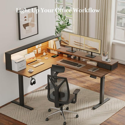 Klicelor L Shaped Electric Standing Desk 63 x 55 inch with Shelf, Height Adjustable Corner Desk, Sit Stand Desk with Storage Shelf, Home Office Computer Table, Light Dark Walnut