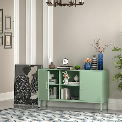 Steehoom Metal TV Stand for 65 Inch TV, Metal Storage Cabinet Sideboard Buffet Cabinet Coffee Bar 2 Door Locker Pantry for Office Home Kitchen (Green, 47.24" D x 13.78" W x 29.53" H)