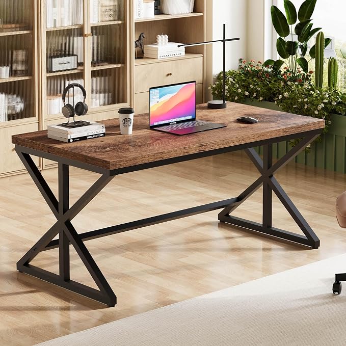 IBF 55” Rustic Computer Desk, Industrial Brown Home Office Desk, Wooden Metal Executive Pc Computer Desk Table, Wood Student Gaming Study Computer Table for Bedroom Living Room, Rustic Brown, 55 Inch