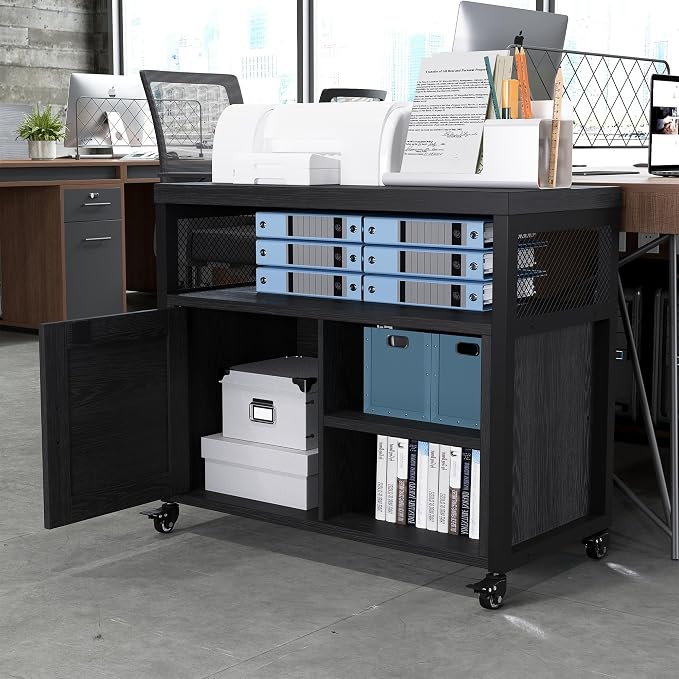FUSUNBAO Farmhouse Printer Stand with Storage, Rolling Printer Cabinet with Shelves, Charge Station, Wheels, and File Cabinet for Home Office Storage (Black)