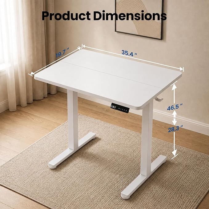 35" x 20" Electric Standing Desk, Compact Height Adjustable Desk for Small Spaces, Small Ergonomic Sit Stand Workstation for Home Office Bedroom Apartment (White)