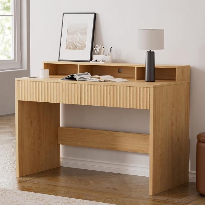 47" Executive Desk with Fluted Drawer, Modern Home Office Desk with Long Monitor Stand and 2 Drawers, Computer Writing Desk for Study Office Vanity, Natural Oak