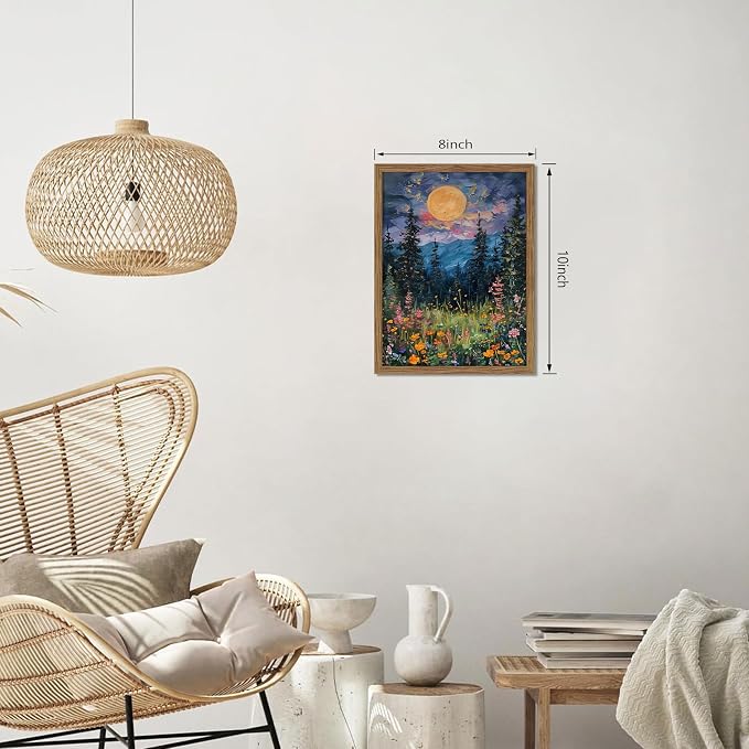 Framed Nature Forest Canvas Wall Art, Full Moon above Wildflowers and Woodland Painting, Midnight Floral Trees Art Print, Farmhouse Nature Wall Decor for Bedroom Living Room 8x10 inch