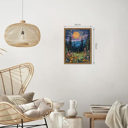 Framed Nature Forest Canvas Wall Art, Full Moon above Wildflowers and Woodland Painting, Midnight Floral Trees Art Print, Farmhouse Nature Wall Decor for Bedroom Living Room 8x10 inch