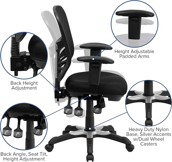 Flash Furniture Nicholas Mid-Back Black Mesh Multifunction Executive Swivel Ergonomic Office Chair with Adjustable Arms, Set of 4