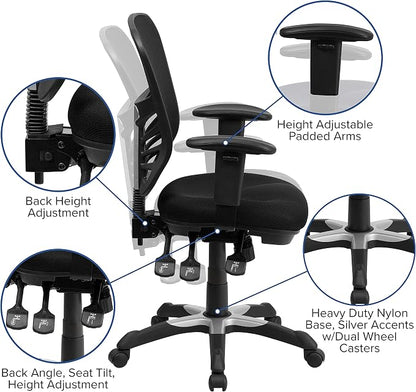 Flash Furniture Nicholas Mid-Back Black Mesh Multifunction Executive Swivel Ergonomic Office Chair with Adjustable Arms, Set of 4