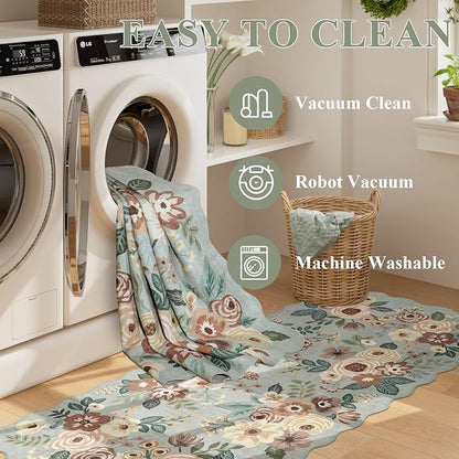DUKINO 4x6 Area Rug, Floral Non-Slip Indoor Washable Rug with Low Pile & Non-Shedding, Lightwight Boho Design Carpet for Entryway, Bedroom, Kids Room, Living Room, Kitchen, Sage Green