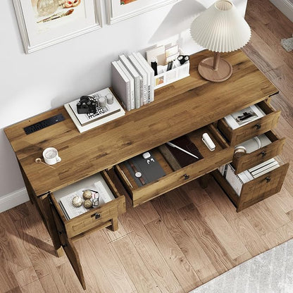 Farmhouse Executive Desk with 5 Drawers - 62" W Farmhouse Computer Desk with Power Outlets & USB Charging, Heavy Duty Storage Desk for Home Office & Study.Vintage