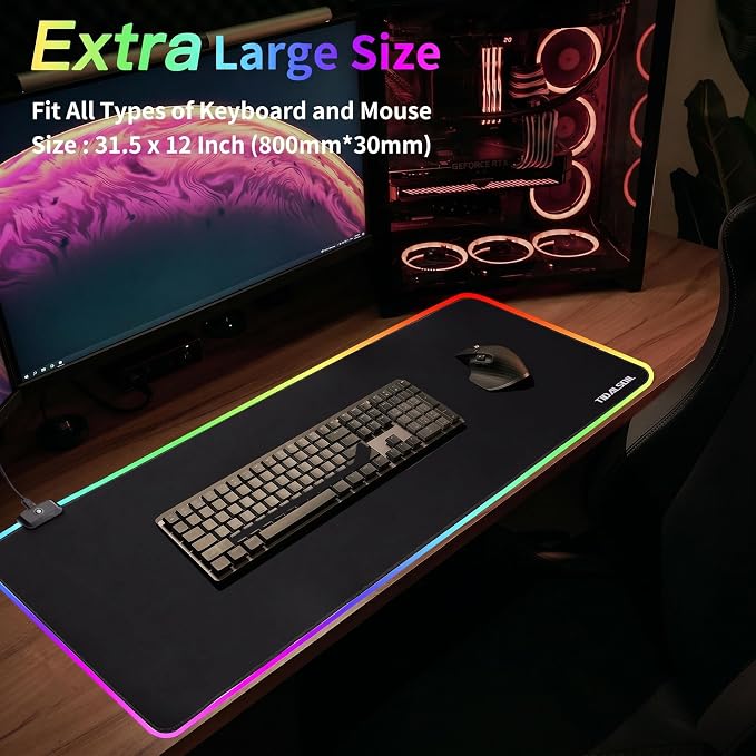 TIDALSOIL RGB Gaming Mouse Pad, 31.5 x 11.8 Inch Oversized Mouse Mat with 12 Light Modes, Non-Slip Rubber Base, Large Keyboard Pad for PC Gaming, Office, Black