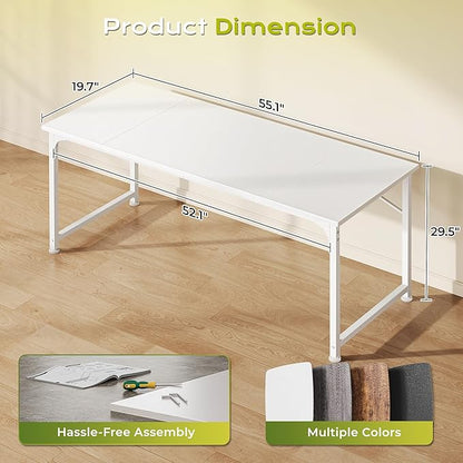 PRAISUN 55 Inch Computer Desk, Home Office Desk with Spacious Desktop, Modern Gaming Desk, Writing Study Table for Bedroom, Small Spaces, Work from Home Desk with Metal Frame, White