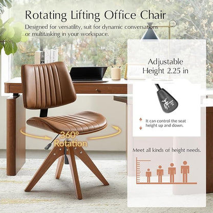 HULALA HOME Faux Leather Home Office Chair with Solid Wood Legs, 360° Swivel Desk Chair No Wheels with Bentwood Design, Mid-Century Modern Wide Seat Computer Task Chair, Camel