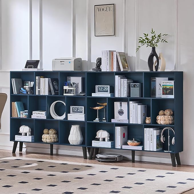 LEYAOYAO 10 Cube Bookshelf,3 Tier Modern Wide Bookcase with Legs,Mid-Century Wood Bookshelves Storage,Dark Blue Large Book Case,Freestanding Organizer Display Shelf for Bedroom,Living Room,Office
