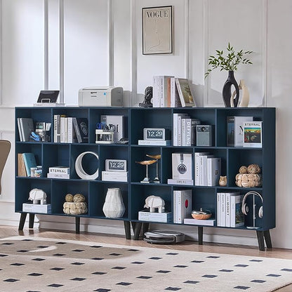 LEYAOYAO 10 Cube Bookshelf,3 Tier Modern Wide Bookcase with Legs,Mid-Century Wood Bookshelves Storage,Dark Blue Large Book Case,Freestanding Organizer Display Shelf for Bedroom,Living Room,Office