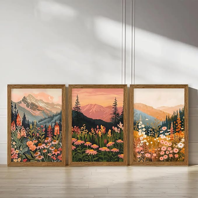 ICHZUMW Framed Boho Abstract Landscape Mountain and Floral Canvas Wall Art Set of 3, Colorful Nature Botanical Paintings Artwork, Large Wildflower Wall Decor for Living Room Bedroom Office, 20x30in