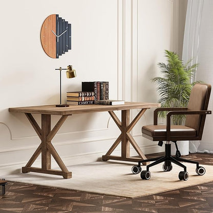 homary 59.1" Solid Wood Executive Desk, Rustic Farmhouse Home Office Desk with X-Trestle Base, Compact Writing & Computer Table for Home Office or Study Room
