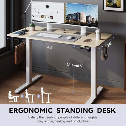 Electric Standing Desk,48x24 Inches Adjustable Height Stand up Desk, Sit Stand Home Office Desk with Splice Board, 3 Preset Heights,Equipped with Hooks,Ergonomic Computer Workstation，Nature