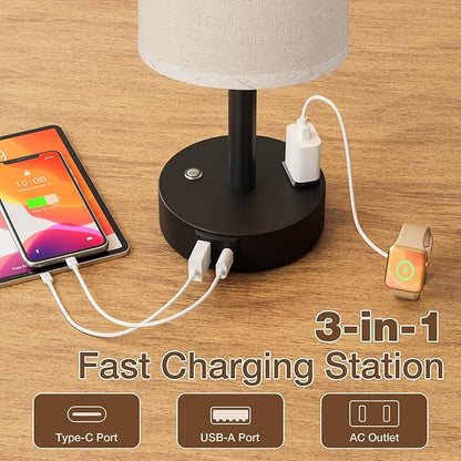 Touch Bedside Table Lamp with Memory - Stepless Dimmable Lamp for Bedroom, Small Nightstand Lamp with Dual USB Charging Ports and AC Outlet, Wood Night Light, Desk Lamp for Nursery (Beige & Black)