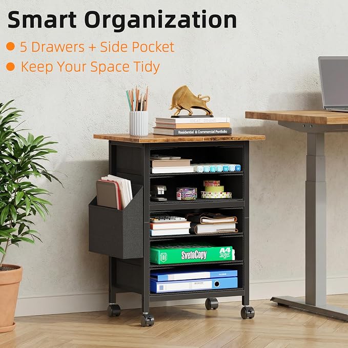 HIGDBFE 5 Fabric Drawers File Cabinet with Side Pocket, Rolling Printer Stand with Storage for Home Office, Wood Top Storage Cabinet Office Storage for Documents and Crafts, Rustic Brown, 15" D