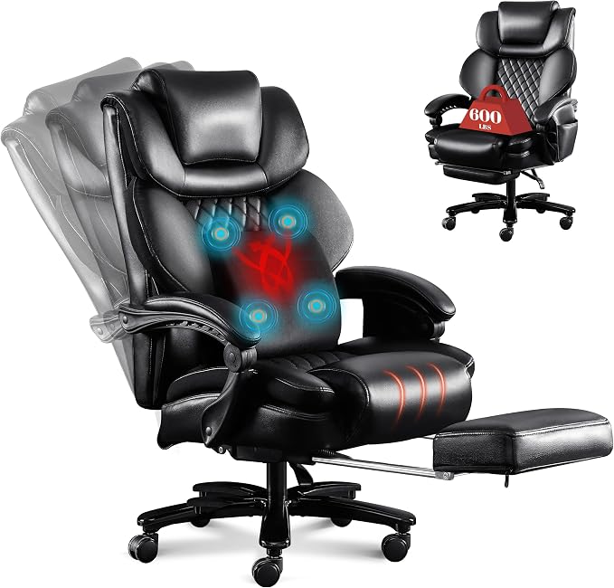 3D Kneading Massage Office Chair, Oversized 600LBS Big and Tall Executive Office Chair with Footrest, Reclining Computer Chairs, Wider Upholstered Seat Ergonomic Desk Chair for Home Office, Black