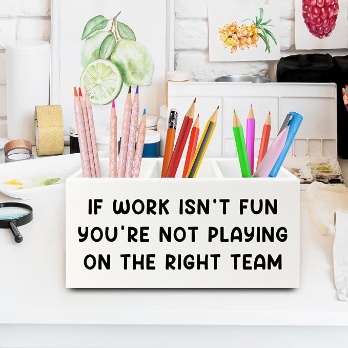 Inspirational Pen Pencil Holder Organizer for Desk, Inspirational Gifts for Women, Teamwork Team Gifts for Employees Coworkers Wooden Box Sign for Home Office Desk Tabletop Decorations