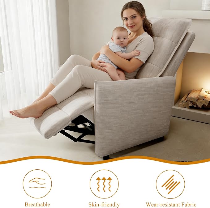 Recliner Chair for Women, Small Recliners for Small Spaces with High Back, Manual Push Back Nursery Chair Overstuffed High-Density Foam for Nursing Bedroom Living Room (Beige)