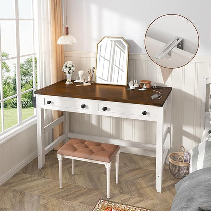 EnHomee 40" Computer Desk with Drawers, Small Desk with Power Outlets for Bedroom and Home Office, Writing Desk with Drawers and a Side Pocket, Vanity Desks for Bedroom, Brown+White