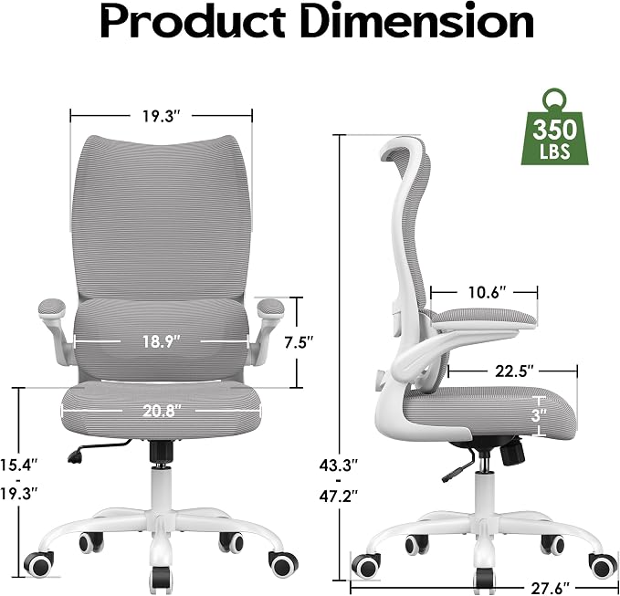 Office Chair Ergonomic Desk Chair - Comfy Mesh High Back Office Chair with Lumbar Support Wheels Home Desk Office Chairs Flip up Armrest Executive Rolling Swivel Task Work Computer Chair Grey
