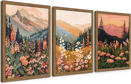 Boho Colorful Landscape Wall Art Set of 3, Vintage Wildflower Mountain Canvas Wall Decor Paintings, Rustic Nature Floral Pictures Prints for Living Room Bedroom 12x16 Inch Wood Framed