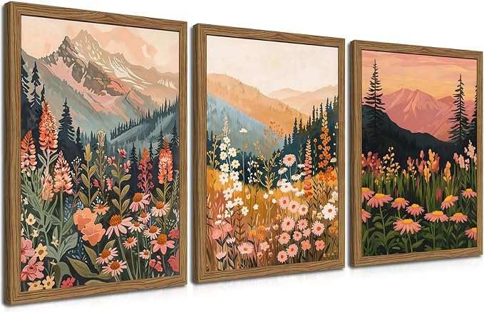Boho Colorful Landscape Wall Art Set of 3, Vintage Wildflower Mountain Canvas Wall Decor Paintings, Rustic Nature Floral Pictures Prints for Living Room Bedroom 16x24 Inch Wood Framed
