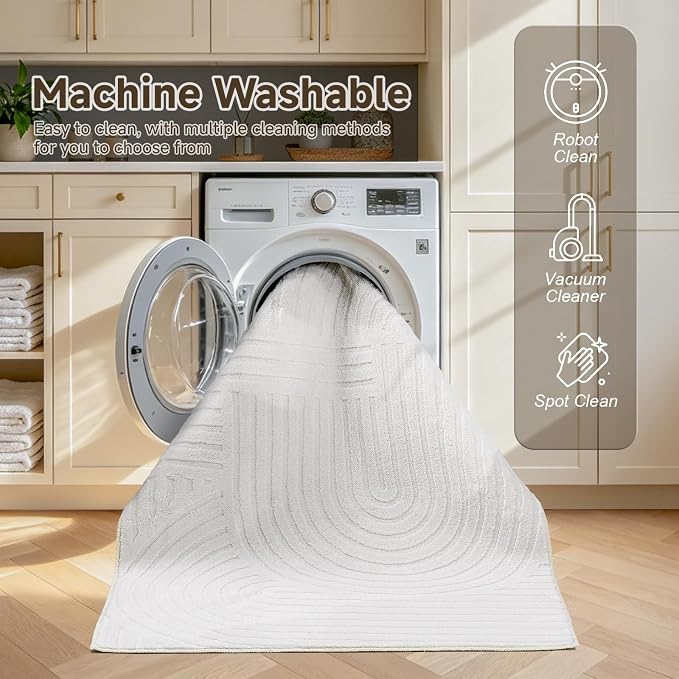 Pauwer 9x12 Washable Area Rugs for Living Room Modern White Solid Color Soft Fluffy Rugs for Bedroom Non Slip Boho Accent Indoor Mat Floor Carpet Cover for Kids Room Dining Room Kitchen Office