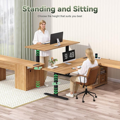 Farmhouse L Shaped Standing Desk, 66 inch Rattan Corner Electric Standing Desk with Drawers ＆ Storage Shelves, Height Adjustable Computer Desk with Power Outlets for Home Office (Natural Oak)