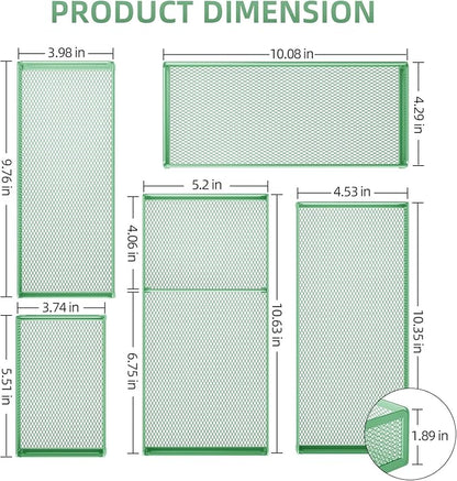 Marbrasse 5 Pack Desk Drawer Organizer Set, Mesh Drawer Storage Trays with 1 Adjustable Divider, Desk Organizers and Accessories, 5 PCS Drawer for Office Supplies, Makeup & Vanity (Green)