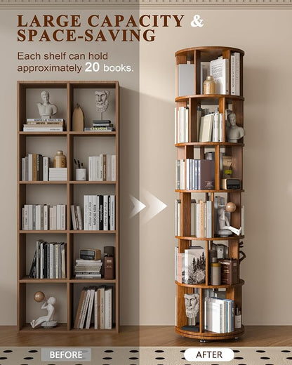 6 Tier Solid Wood Rotating Bookshelf on Wheels, 360° Spinning Book Shelf Tower, Round Revolving Bookcase Organizer, Rolling Bookshelves for Small Spaces, Corner, Bedroom, Kids Room, Office — Walnut