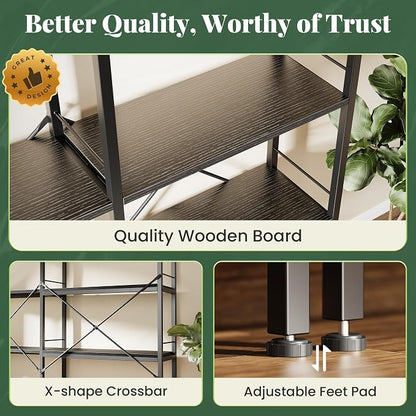 Huuger 5 Tier Bookshelf, L Shaped Corner Bookshelf with 10 Open Shelves, 49.4 Inch Straight Wide Bookcase with Metal Frame and Wooden Board, Adjustable Feet, Black