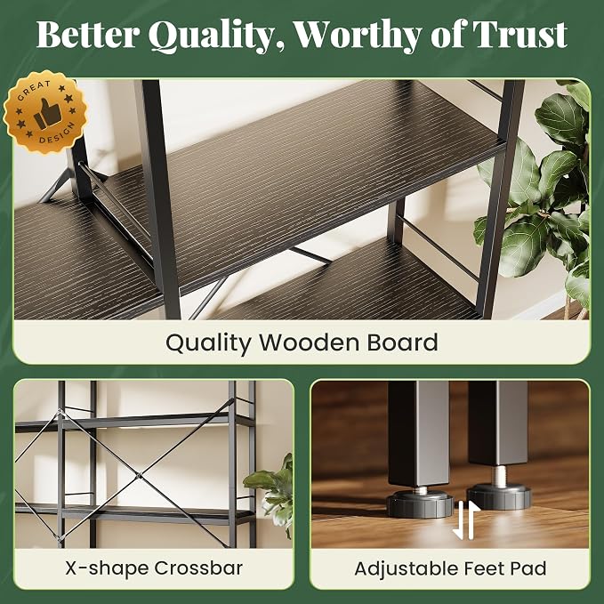 Huuger 4 Tier Bookshelf, L Shaped Corner Bookshelf with 8 Open Shelves, 49.4 Inch Straight Wide Bookcase with Metal Frame and Wooden Board, Adjustable Feet, Black