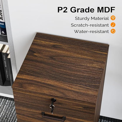 VINGLI 2 Drawer File Cabinet with Lock, Wood Dark Brown File Cabinets for Letter Size File Folders with Tabs, Under Desk Rolling Filing Cabinet for Home Office, Mobile File Organizer Printer Stand