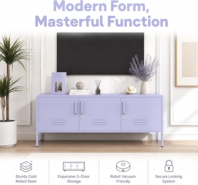 Purple TV Media Stand for 100" TV, 3 Door Metal Accent Cabinet with Removable Shelves, Steel Storage Locker for Living Room Bedroom, Lockable Door, 22" H X 47.3" W X 13.8" D