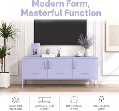 Purple TV Media Stand for 100" TV, 3 Door Metal Accent Cabinet with Removable Shelves, Steel Storage Locker for Living Room Bedroom, Lockable Door, 22" H X 47.3" W X 13.8" D