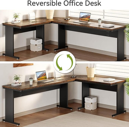 LITTLE TREE 83 Inch L-Shaped Office Desk with Drawers, Large Executive Office Desk with Storage, Wooden Computer Desk with File Cabinet, Modern Work Desk for Home Office, Brown