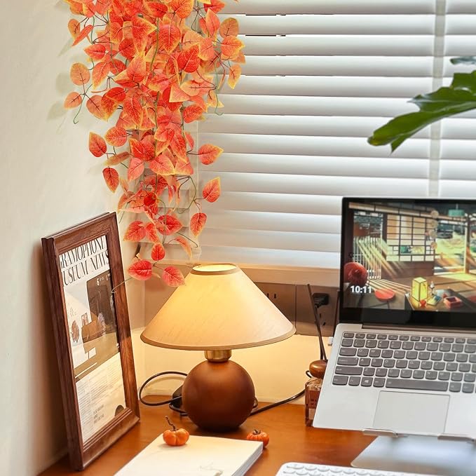 Fake Fall Plants Hanging Faux Orange Vines Artificial Potted Pothos Plant- Fall Decorations Autumn Decor for Thanksgiving Bathroom Wall Kitchen Room Decor Indoor and Outdoor (Black Pot)