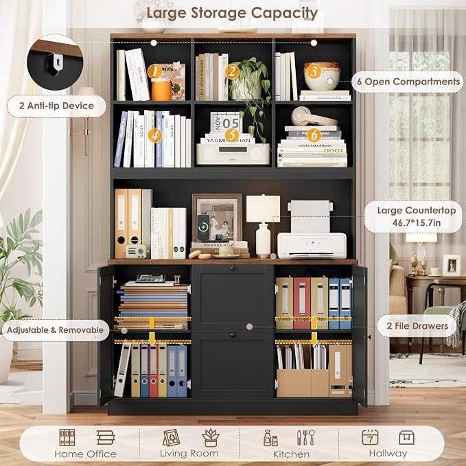 HIFIT 72'' Tall File Bookcase with Power Outlet & Printer Stand, 2 Drawer Filing Cabinets for Home Office Fit Hanging A4 File, Storage Cabinet w/ 3 Tier Open Book Shelf & Doors for Living Room, Black