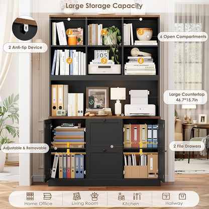 HIFIT 72'' Tall File Bookcase with Power Outlet & Printer Stand, 2 Drawer Filing Cabinets for Home Office Fit Hanging A4 File, Storage Cabinet w/ 3 Tier Open Book Shelf & Doors for Living Room, Black
