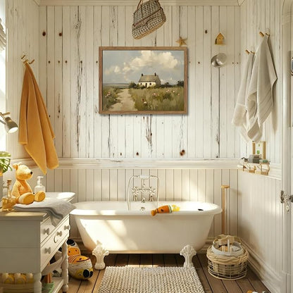 Vintage Wall Art, Framed English Countryside Cottage Painting Print, Country Farmhouse Canvas Wall Art, Rustic Landscape Pictures Artwork Wall Decor for Bedroom Living Room – 12x16 inch
