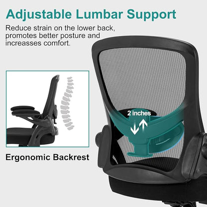 Office Chair, Ergonomic Desk Chair with Adjustable Lumbar Support Breathable Mesh Computer Chair with Flip-up Armrests, Comfy Mid Back Rolling Swivel Executive Chair for Home Office, Black