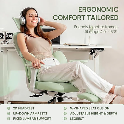 CabLady S1 High Back Ergonomic Mesh Office Chair with Footrest, 300 lbs | 115° Recline Lock, Adjust Seat Depth, 2D Arms, 3D Headrest, Detachable Lumbar Support, Breathable Mesh, BIFMA, Green